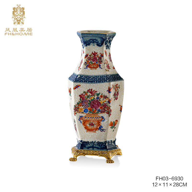 凤凰美居欧式铜配瓷装饰高端家居长颈瓶玄关花瓶餐桌摆件花瓶