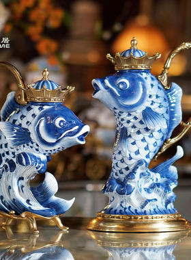 凤凰美居欧式奢华陶瓷彩绘艺术橙色锦鲤造型装饰别墅桌面工艺摆件