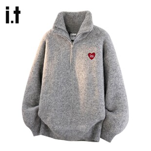 it：izzue官方新款潮流时尚男款翻领毛衣休闲宽松半拉链针织衫6M