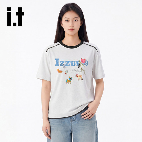 izzue夏季撞色圆领短袖女T恤