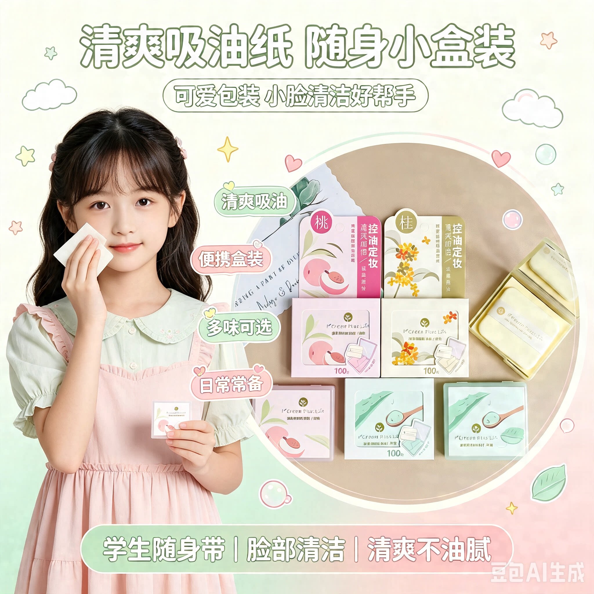 正品粉扑式吸油纸100片脸部面部定妆吸油面纸女学生可携式包装带