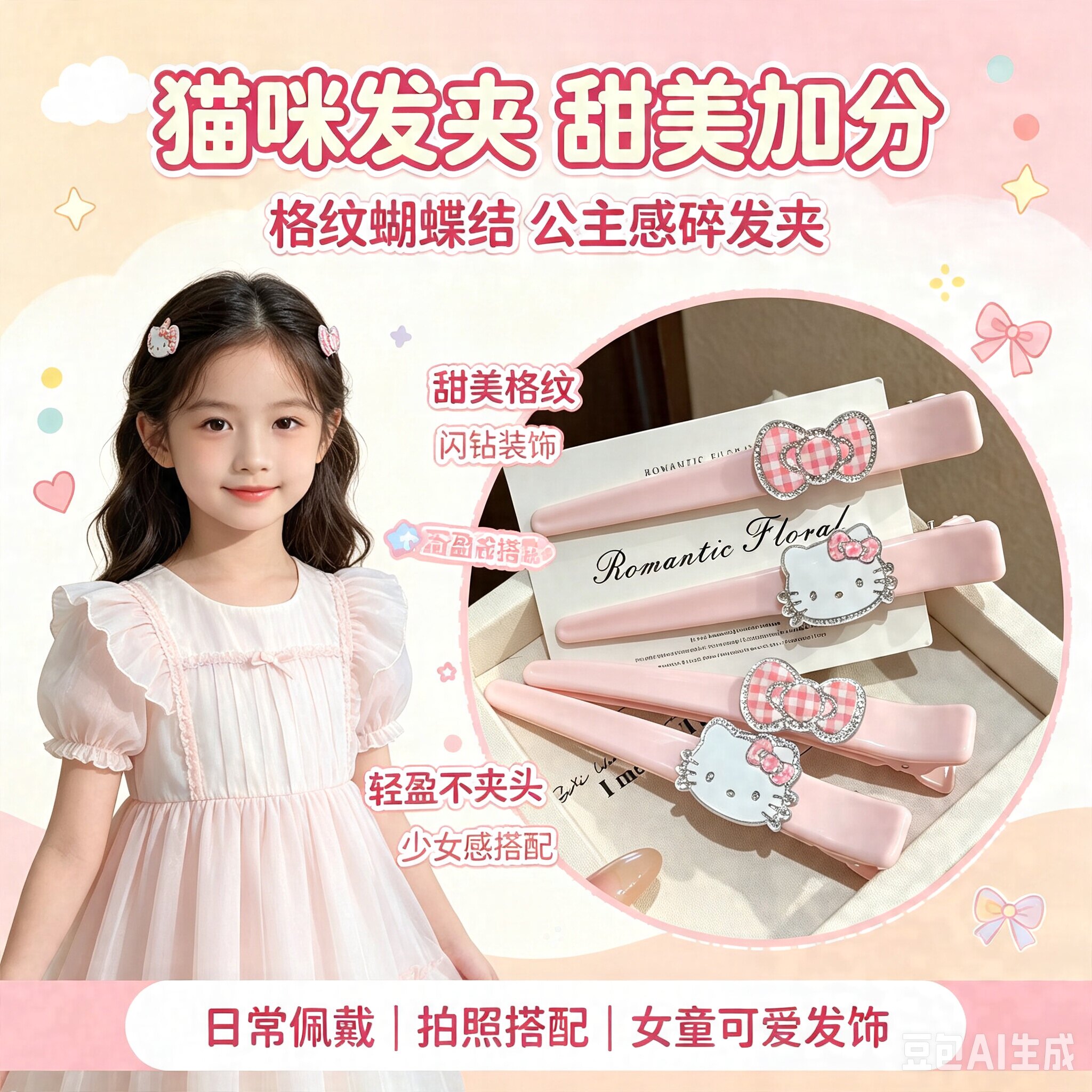 正品卡通可爱kt发夹女粉色KT猫咪百搭大号无痕浏海夹化妆侧边夹子