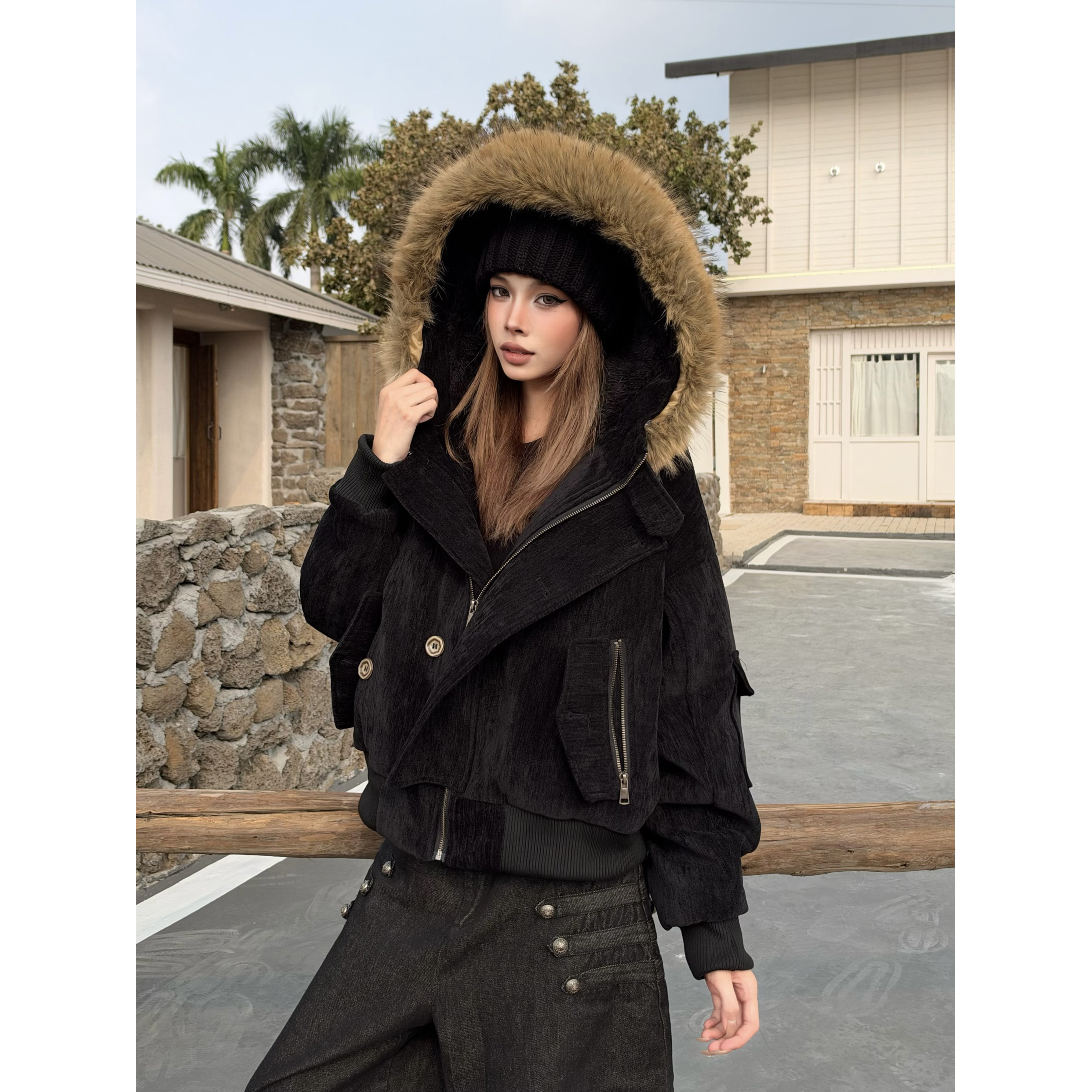 秋冬美式复古毛领连帽百搭女棉服