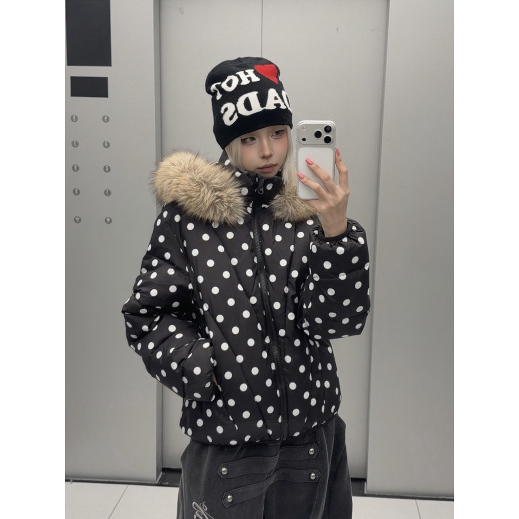 美式复古设计感波点毛领连帽棉服