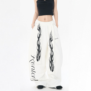 【零碎岛屿】美式复古火焰飘带字母休闲卫裤男女街头直筒阔腿长裤