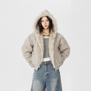 复古座山雕短款 美式 连帽毛领棉服女冬派克服棉衣外套 零碎岛屿