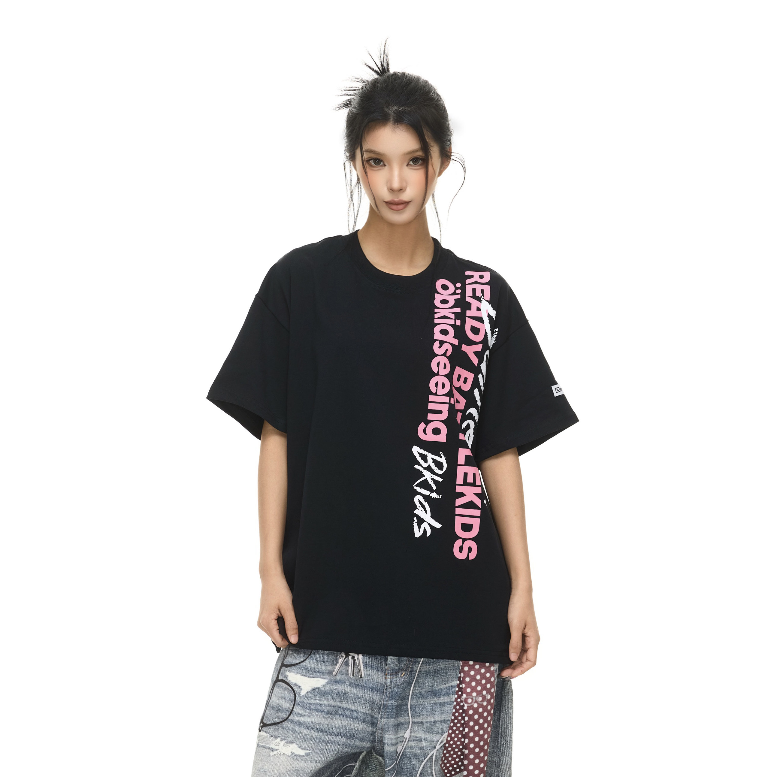 美式正肩竖向字母印花男女短袖