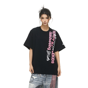 零碎岛屿美式正肩竖向字母印花短袖T恤男女夏季宽松百搭情侣上衣