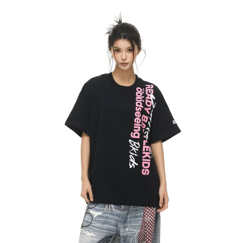 美式正肩竖向字母印花男女短袖