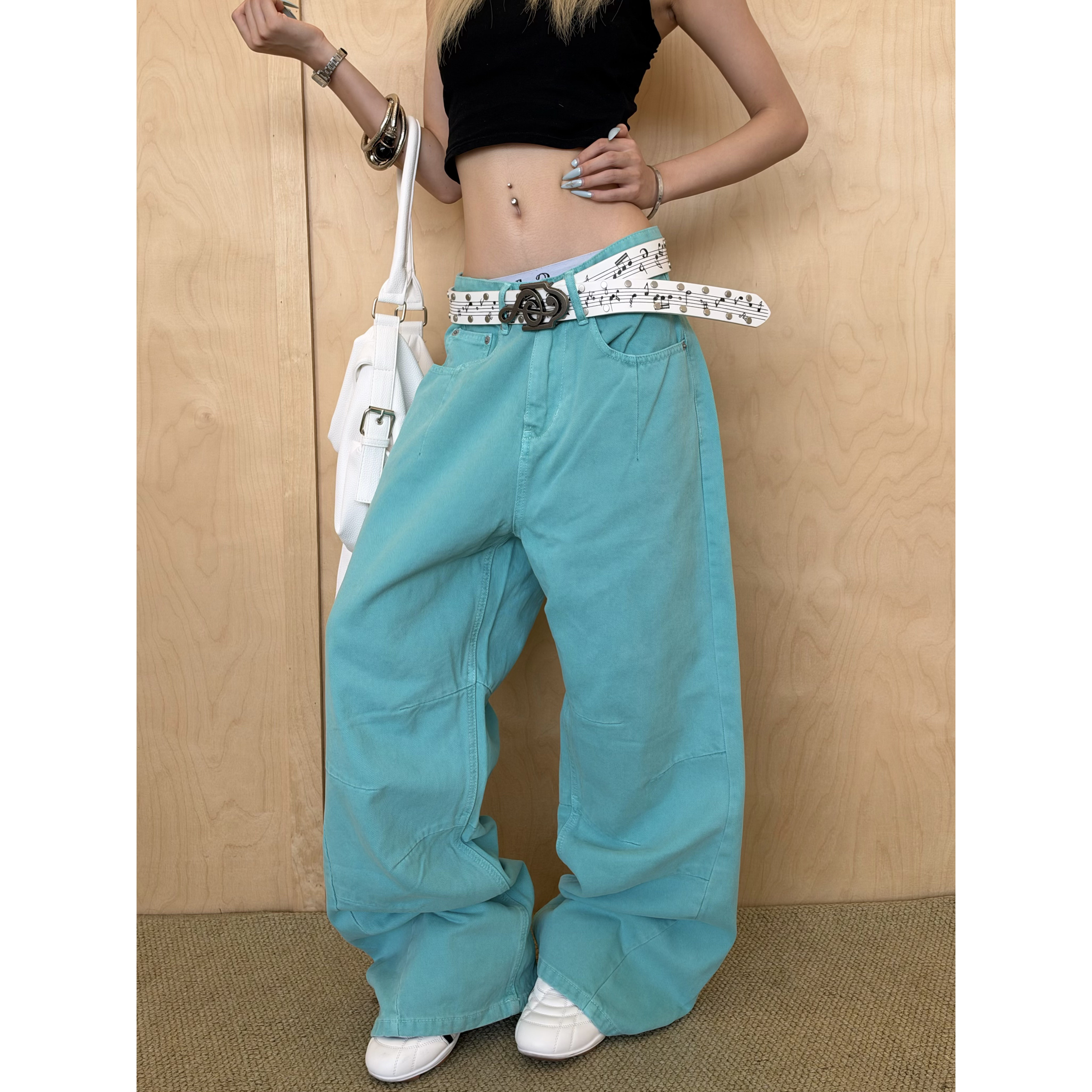 美式复古设计感水洗纯色女牛仔裤