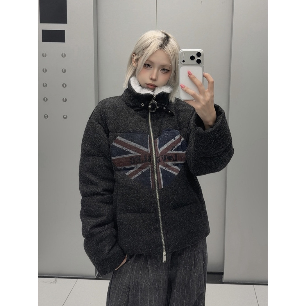 美式复古座山雕爱心立领棉服外套