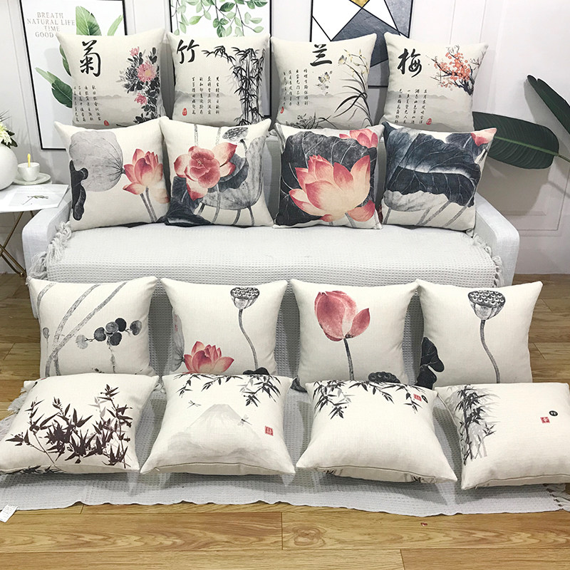 中国风抱枕头靠垫套水墨画中式复古棉麻客厅沙发亚麻靠背北欧腰枕