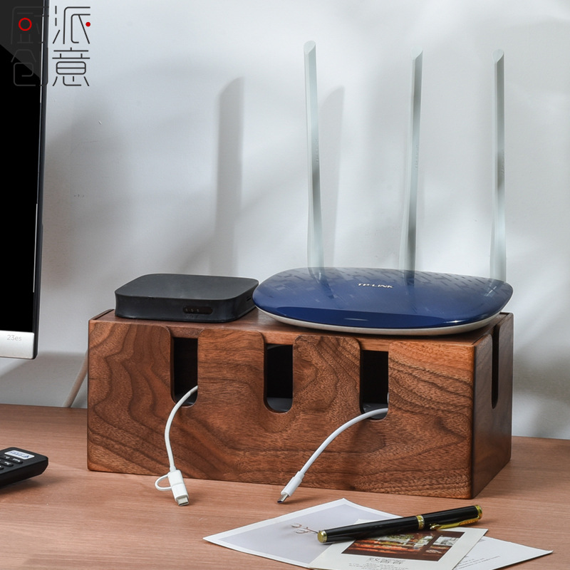 实木插线板收纳盒桌面排插电源线整理线盒机顶盒路由器收纳置物架