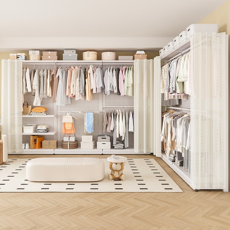 洞洞板大衣柜家用卧室货架金属铁艺开放式简易组装出租房钢制衣橱