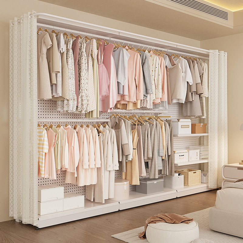 洞洞板简易衣柜卧室家用出租房开 放式衣帽间架子组装金属钢制衣