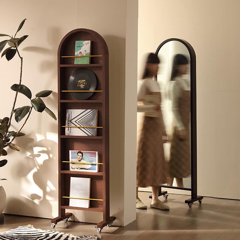 中复古风实木全身穿衣镜可移动落地旋转书架杂志一体法式置物玄关