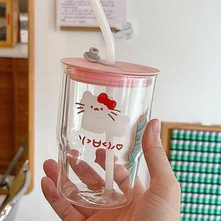 耐高温情侣款 杯玻管0吸璃22带盖4新款 家用水杯女简约饮品吸管杯子