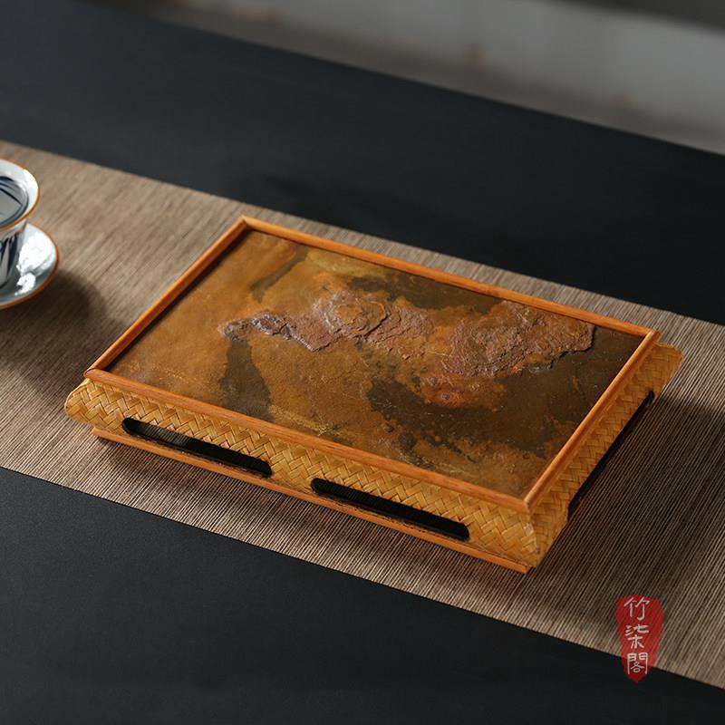 竹柒阁复古竹编岩石茶盘茶台石头盘奉茶盘石面茶托盘壶承茶具收纳