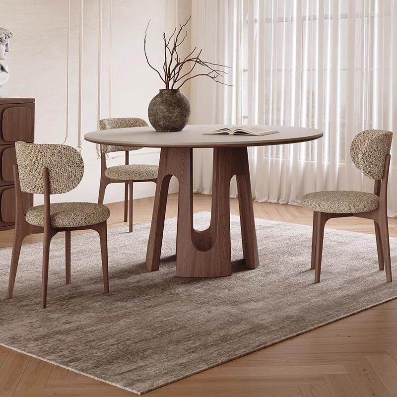 现代简约实木岩板餐桌椅组合家用侘寂中古轻奢饭桌圆餐桌带转盘