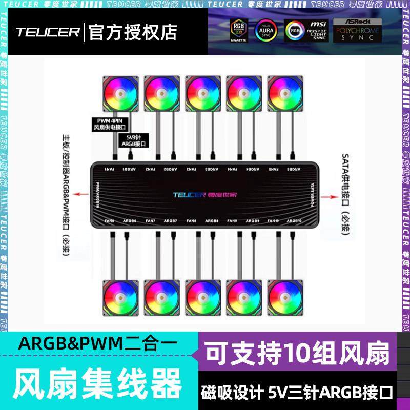零度世家二合一扩展盒ARGB&PWM HUB集线器1分10 5V3针rgb风扇分接