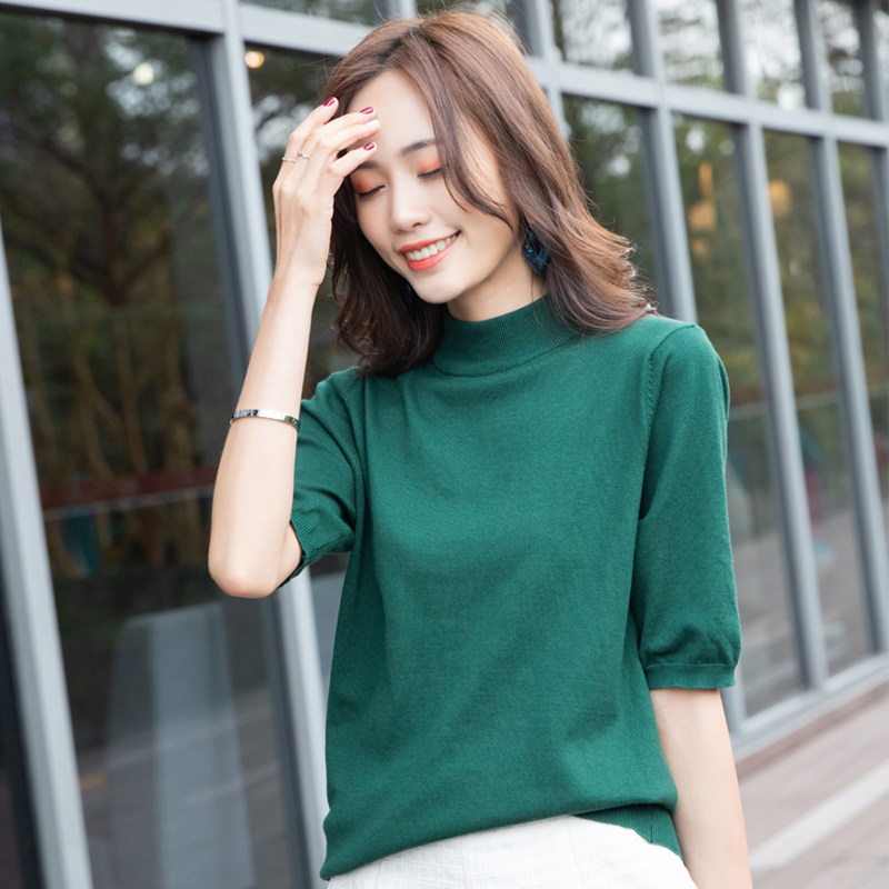 大码早秋中袖半高领针织衫女春秋宽松薄款五分袖打底短袖上衣胖mm