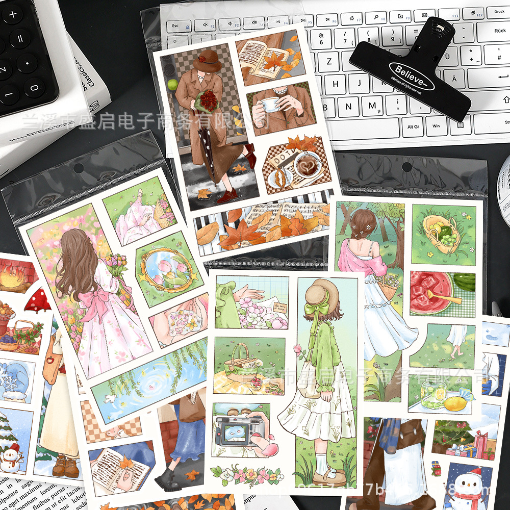 8张原创四季趣事贴纸diy手机壳背卡咕卡手账本ipad装饰防水贴画