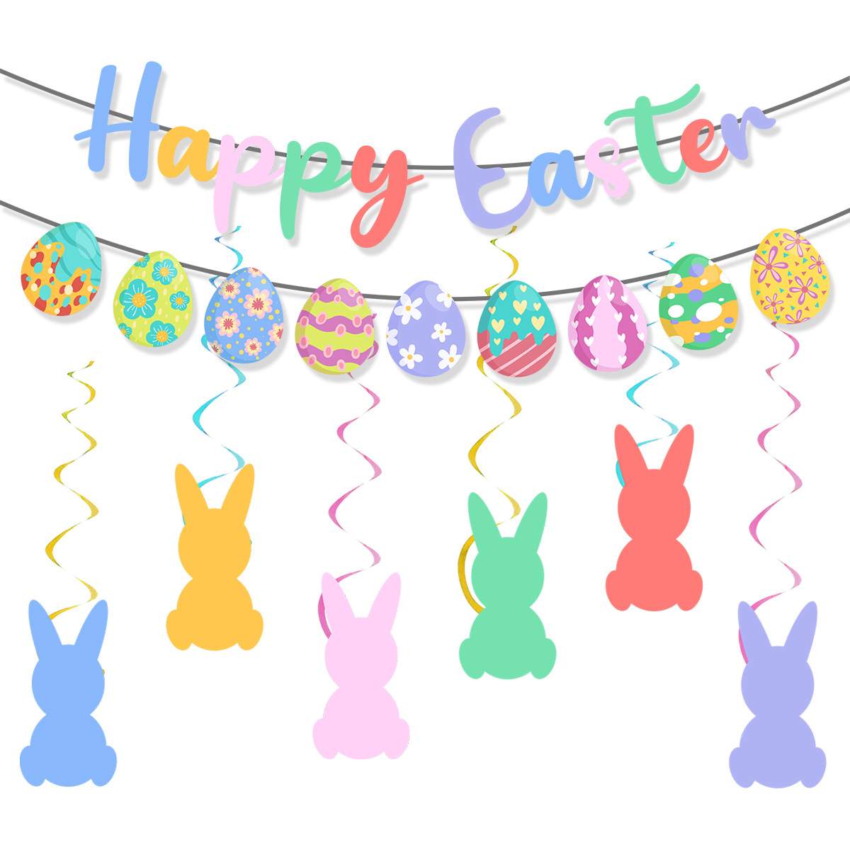 复活节主题装饰连体HAPPY EASTER拉花彩蛋拉旗兔子螺旋挂饰