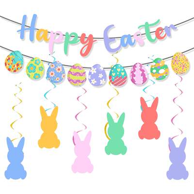 复活节主题装饰连体HAPPY EASTER拉花彩蛋拉旗兔子螺旋挂饰