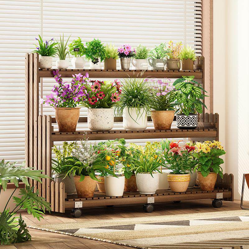 实木花架田园风可移动置物架阳台客厅落地式阶梯式多层植物花托架