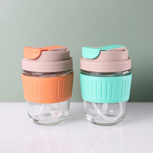 网红双饮杯透明玻璃吸管杯简约便携水杯开业活动咖啡杯礼品杯