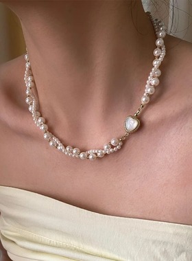 爱心贝母扣双层施家珍珠项链饰品女小众串珠交叉设计感秋冬毛衣链