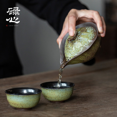 粗陶青苔绿手抓壶盖碗复古风礼盒