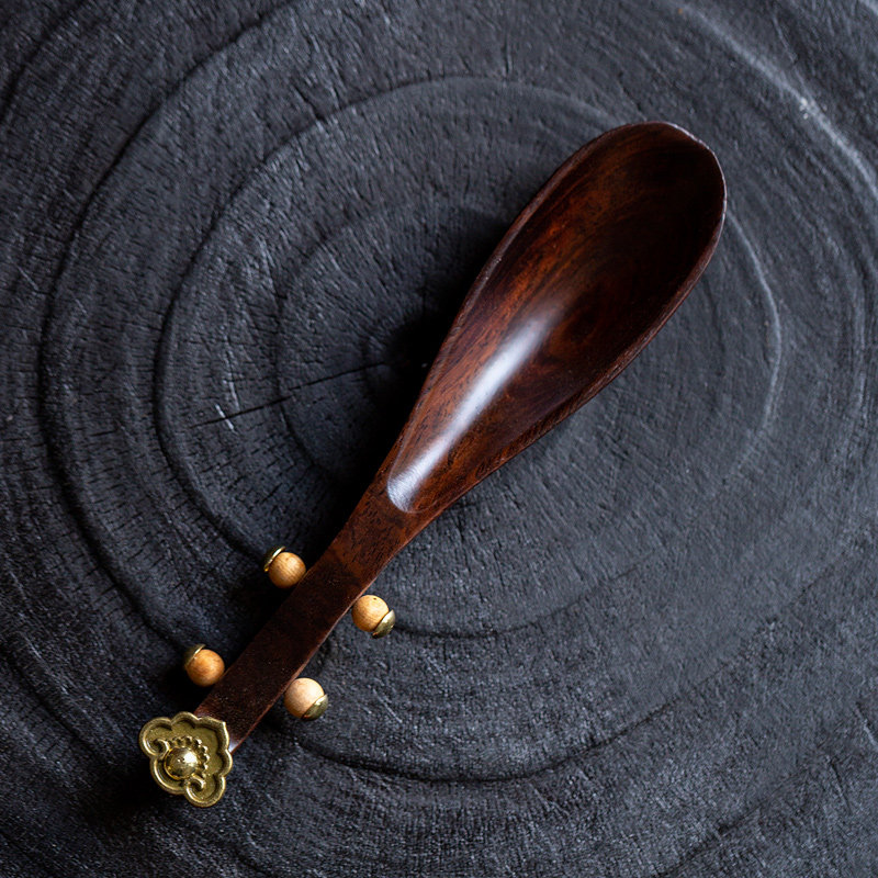 碌心黑檀木琵琶茶匙茶勺铜实木复古典雅茶勺如意功夫茶具茶道配件