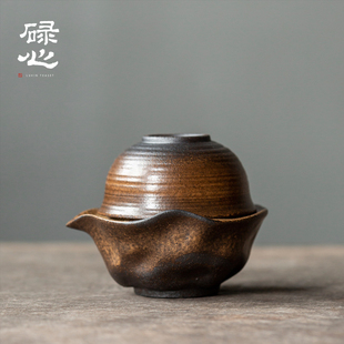 碌心 复古粗陶一壶一杯小巧便携旅行茶具 岩彩古陶古韵快客杯 中式
