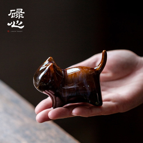 钧瓷桌面猫咪手把件陶瓷可爱小猫创意茶宠猫
