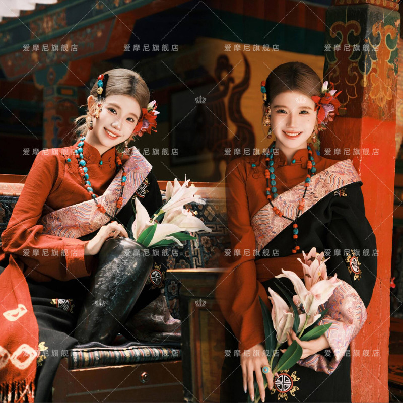 现货新款藏e袍女西藏民族风锦缎花边藏族藏装藏袍旅拍写真服饰