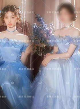 蓝色轻婚纱礼服女2025新款港式复古风在逃公主裙影楼主题旅拍摄影
