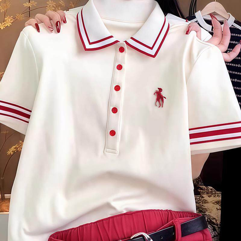纯棉白色polo领短袖T恤女士2025夏季新款宽松大码胖mm设计感上衣
