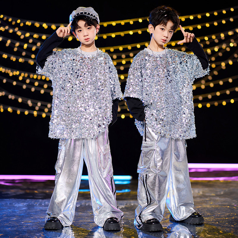 儿童街舞潮装亮片T恤酷帅男孩嘻哈表演服男潮服潮牌hiphop演出服
