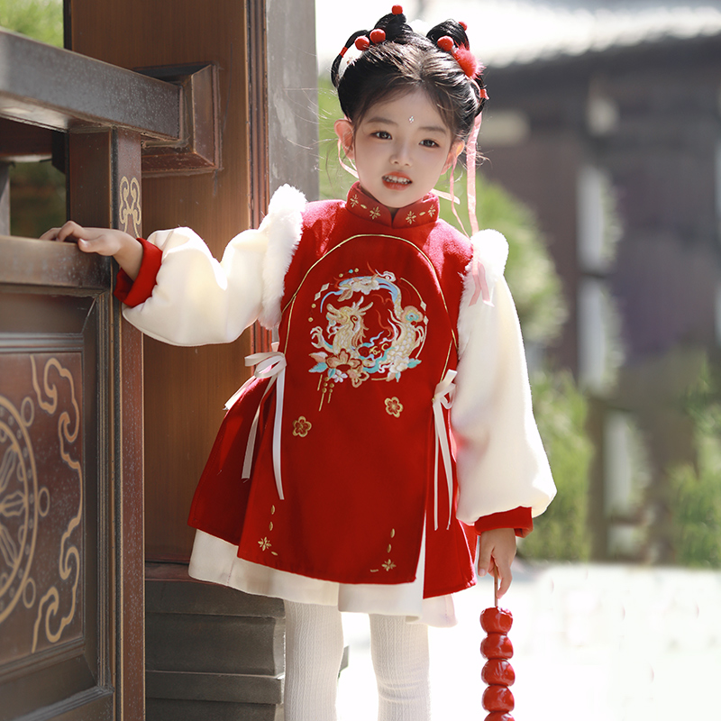 蛇年拜年服女童红色唐装喜庆冬装