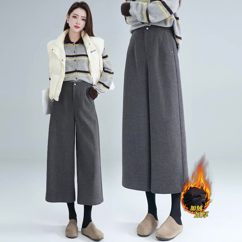 灰色八分毛呢阔腿裤女冬加绒加厚