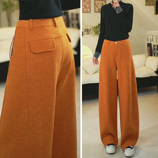 高腰宽松直筒阔腿裤 加绒加厚2025新款 子秋冬 女冬季 橙色羊绒弯刀裤