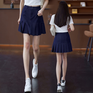 深蓝色短裙女夏季薄款2025新款高腰显瘦百褶裙夏天小个子半身裙子