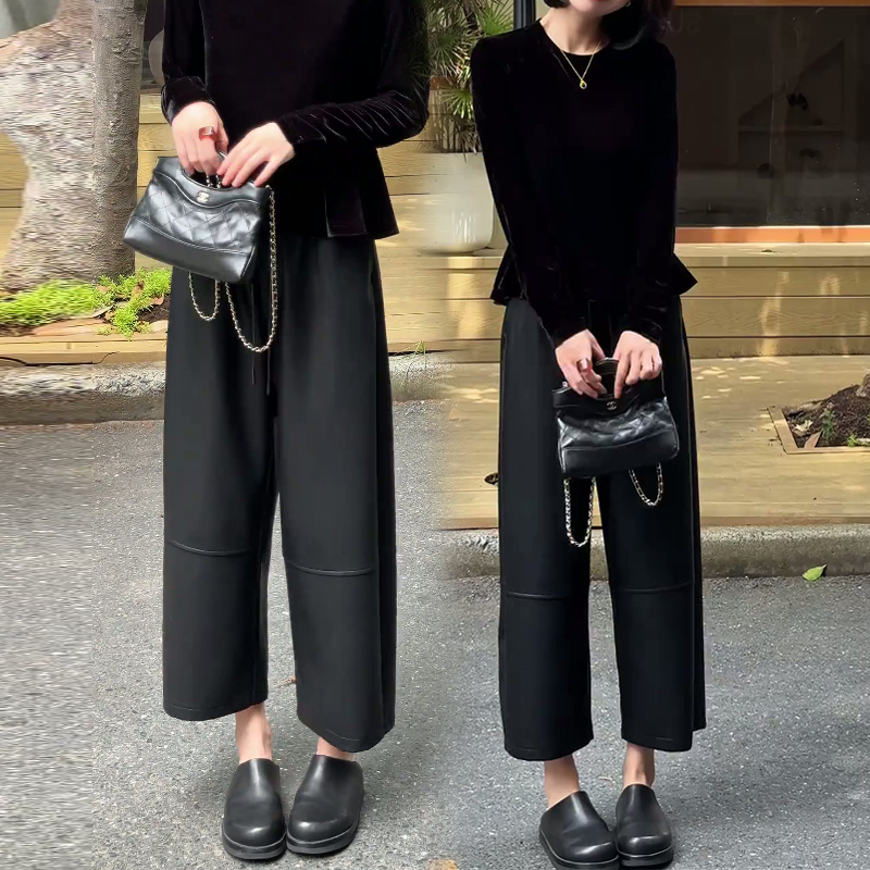 黑色九分PU皮裤女秋冬2025新款