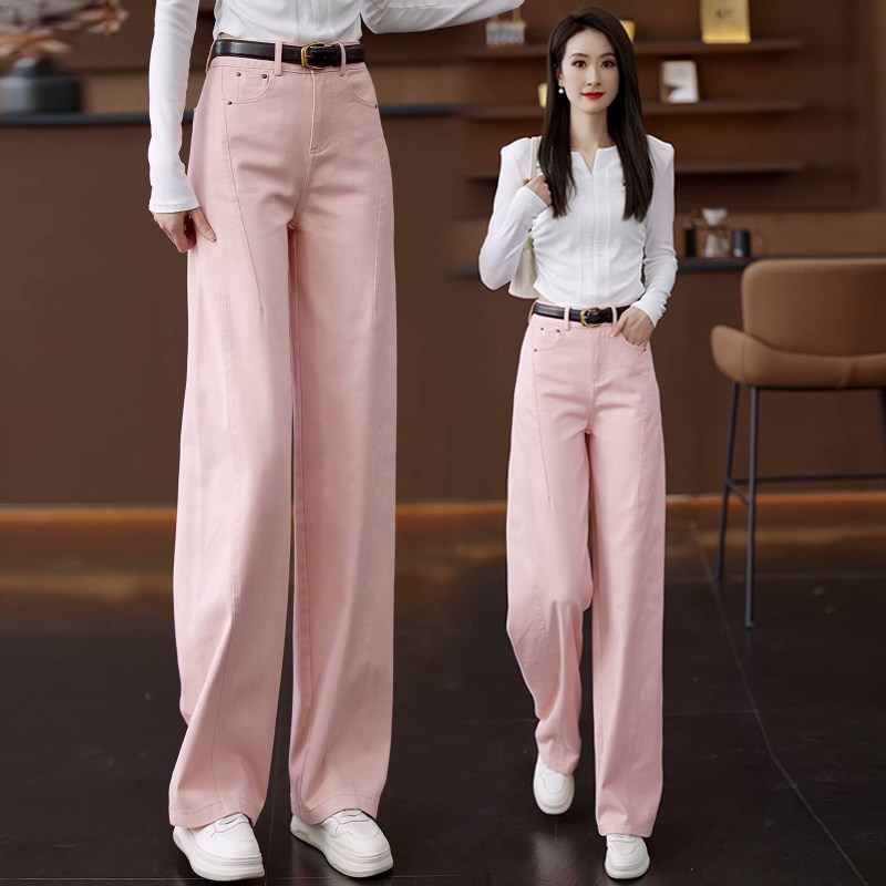 粉色纯棉弯刀阔腿牛仔裤女春季2026新款高腰宽松慵懒风直筒裤子春,女装/女士精品,牛仔裤,淘宝优惠券,粉丝福利购,淘宝优惠卷