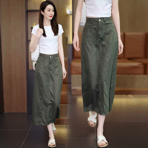 绿色天丝亚麻直筒半身裙女夏季