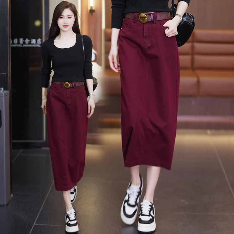 红色牛仔半身裙女秋季2025新款高腰宽松直筒小个子半裙春秋裙子秋,女装/女士精品,半身裙,淘宝优惠券,粉丝福利购,淘宝优惠卷