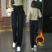 烫钻黑色直筒牛仔裤 子冬 宽松小个子阔腿裤 女冬季 加绒加厚2025新款