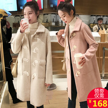 小个子毛呢外套女 牛角扣呢子大衣女学院风2019流行秋冬新款 中长款