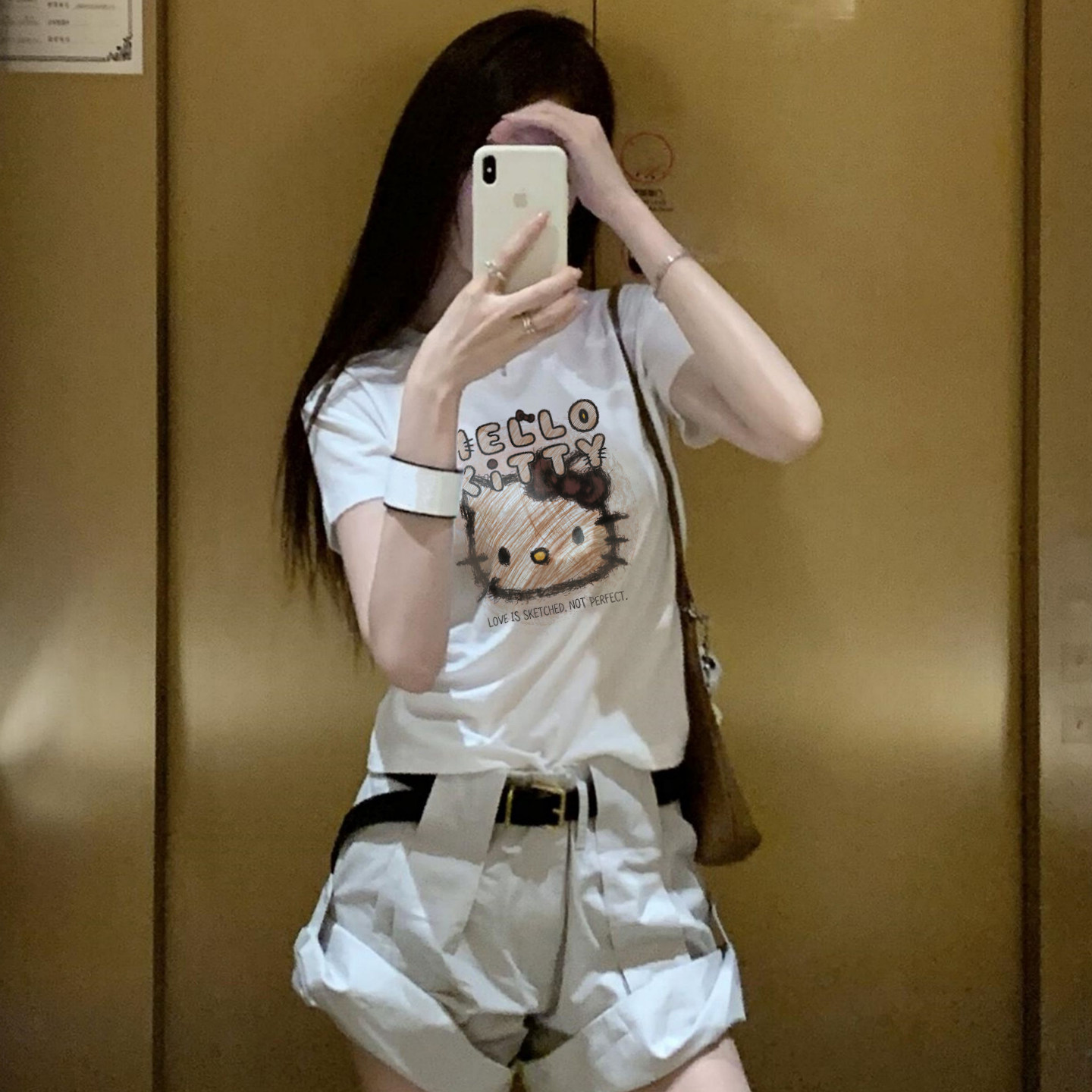 南油小众新品夏季甜辣素描手绘卡通猫印花短袖T恤女童趣修身上衣